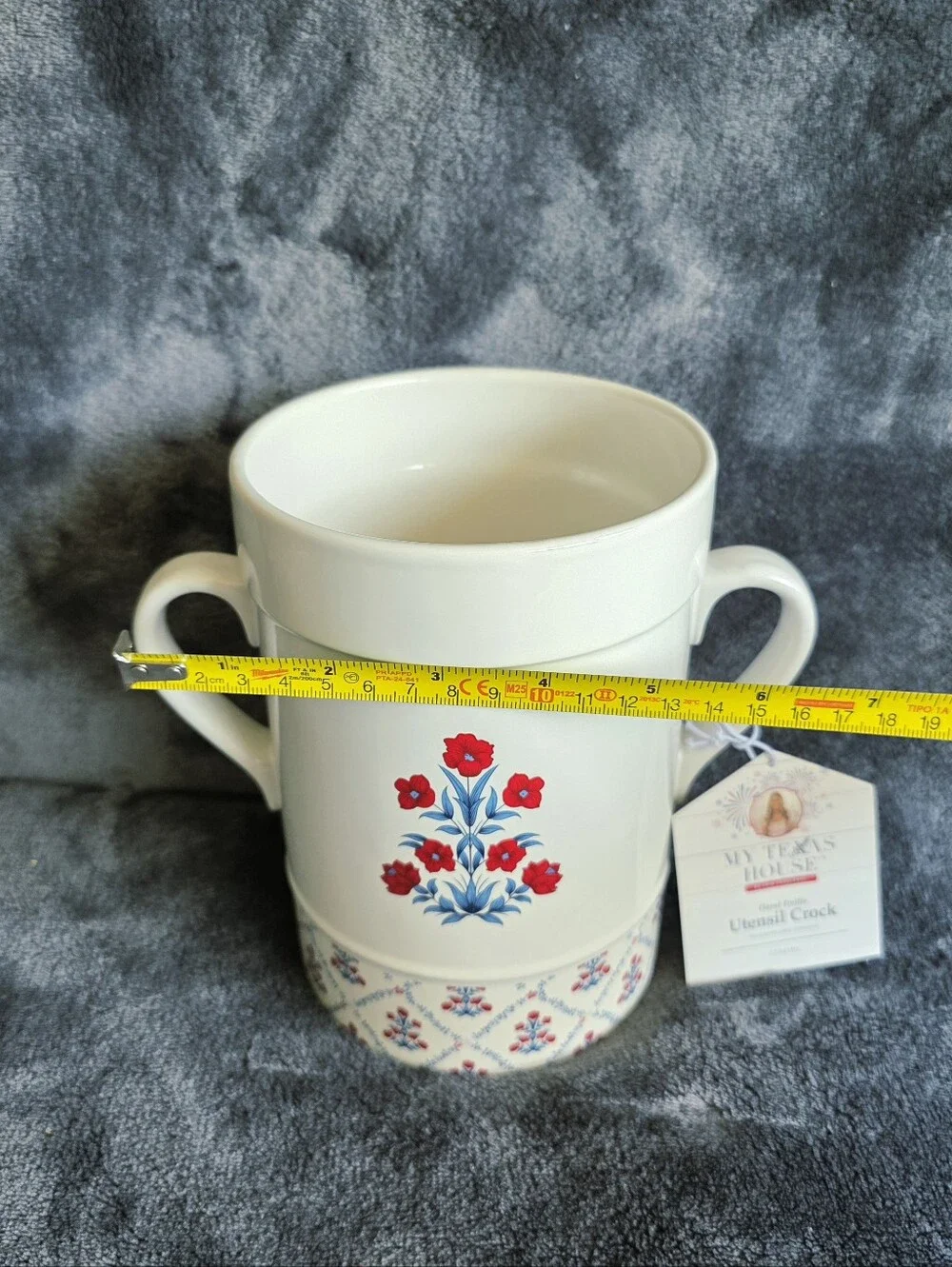 My Texas House New Poppy Trellis Ceramic Utensil Crock / Vase, Red White Blue 7